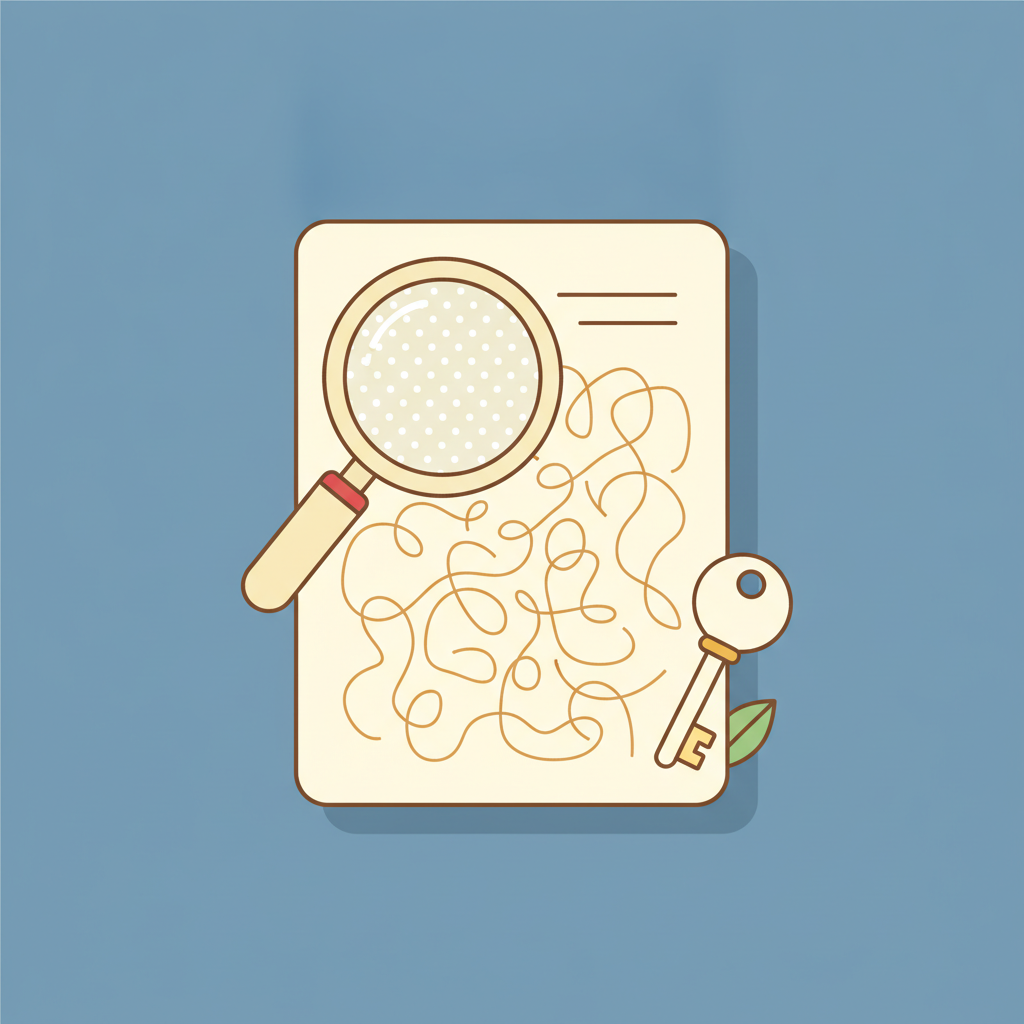 Flat illustration of a cream paper sheet with brown lines on a dusty blue background, a magnifying glass revealing a hidden dotted pattern in one corner, and a small key beside it.