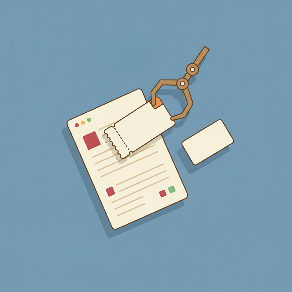 Flat illustration of a cream webpage with an old curling coupon being lifted by a brown mechanical claw toward a small blank ad card, on a dusty blue background.