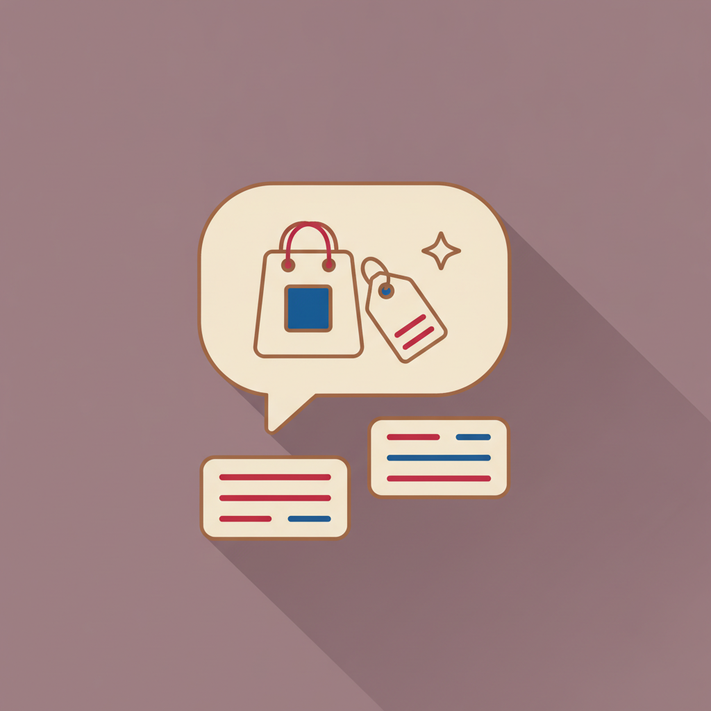Flat illustration of a cream chat bubble holding a small shopping bag and a price tag, with a tiny sparkle beside it, set against a solid muted plum background.