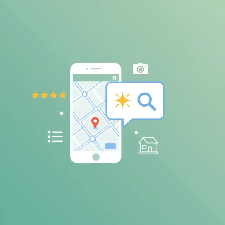 Flat illustration of a smartphone showing Google Maps with a speech bubble containing an AI sparkle and magnifying glass, surrounded by icons for reviews, photos, a menu, and a local storefront, on a mint-green background.