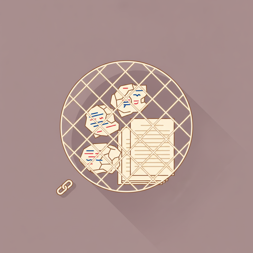 Flat illustration of a cream net lifting crumpled, scribbled webpage sheets out of a neat stack of clean pages, with a small untouched chain link resting beside it on a muted plum background.