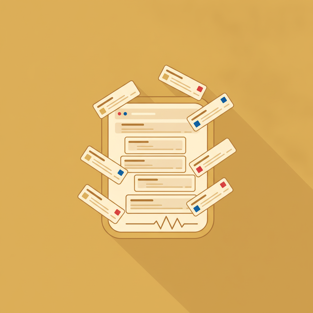Flat illustration on a mustard gold background of a cream search results card whose rows are lifting off and reshuffling in midair, with a thin brown zigzag tremor line beneath it.