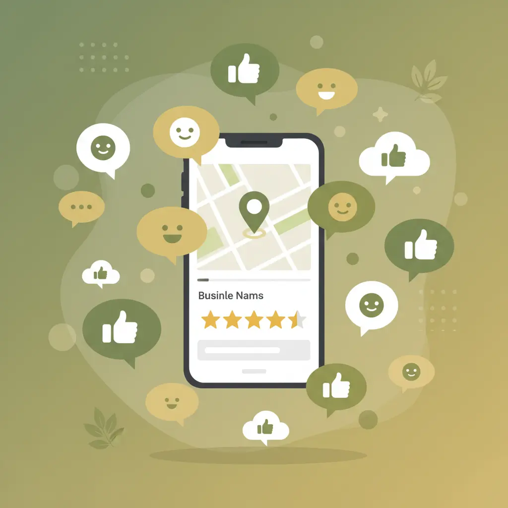 Smartphone showing Google Maps business listing with star ratings and customer review bubbles