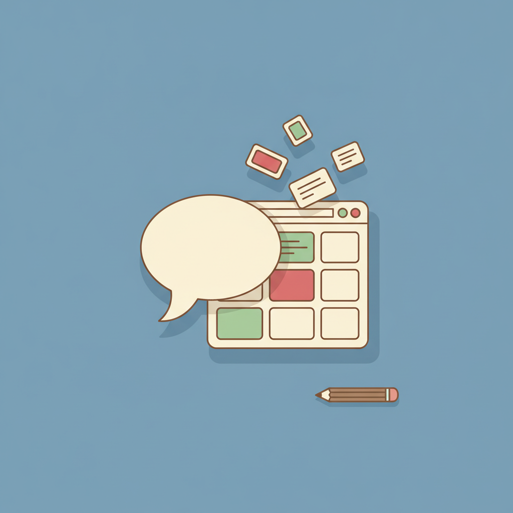 Flat illustration of a cream speech bubble on a dusty blue background, with floating layout blocks assembling into a half-built website wireframe beside it and an unused pencil resting nearby.