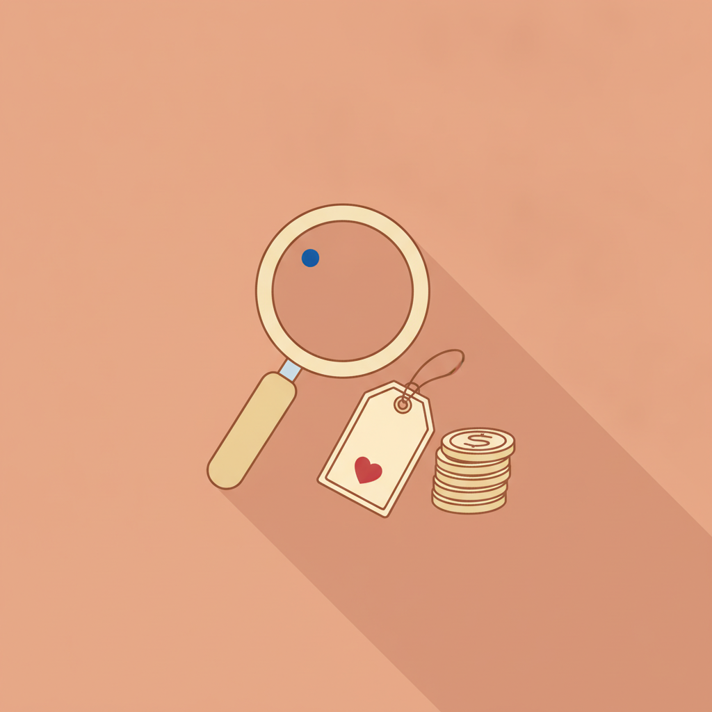 Flat illustration of a paper price tag tied with string to the handle of a magnifying glass, with a small stack of coins resting beside it on a plain warm background