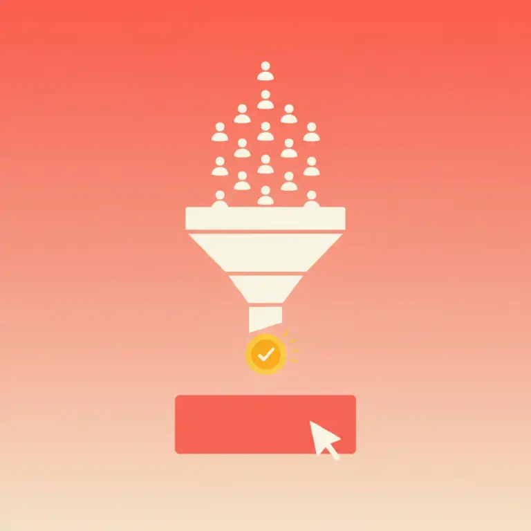 Flat illustration of a marketing funnel with visitors entering the top and converting at the bottom, next to a large call-to-action button with a cursor, on a coral background.