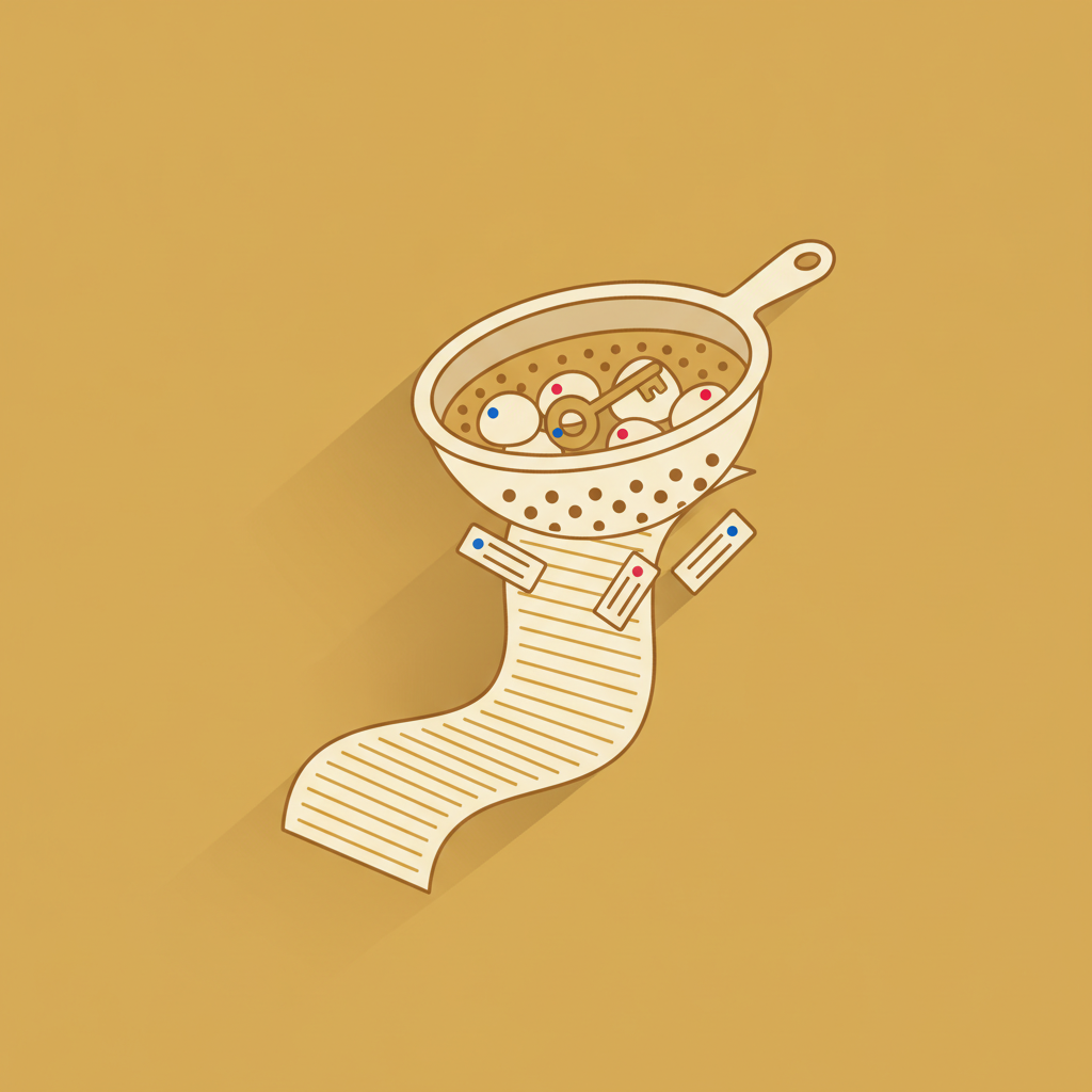 Flat illustration of a kitchen sieve holding a few round pebbles, with one small brass key resting among the pebbles, on a plain warm background