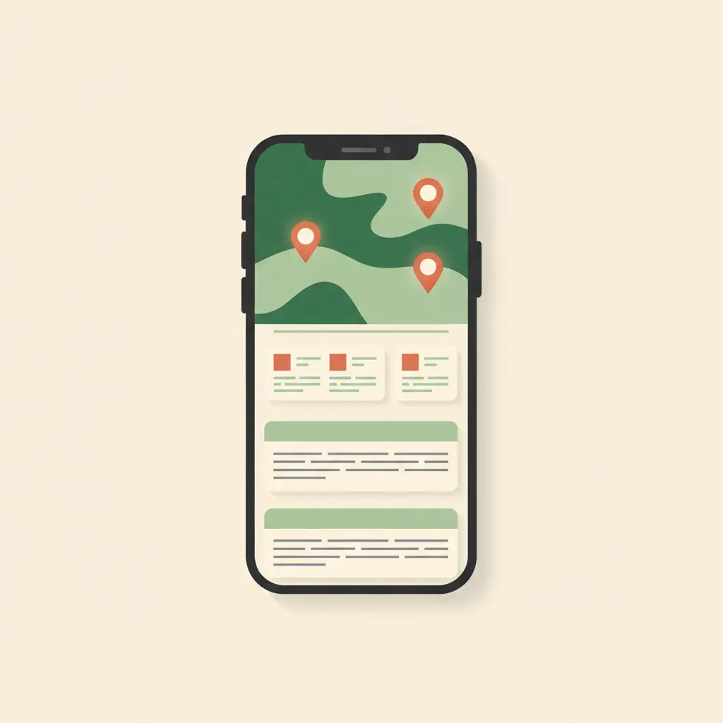 Illustration of a phone screen showing a map with location pins at the top and stacked organic search listings below, representing the two layers of local search results