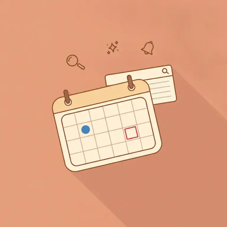 Flat illustration on a dusty peach background showing a cream calendar card with two highlighted dates, a blue dot and a red square outline, representing the two separate Google events of May 2026, with a small search-result card peeking behind it