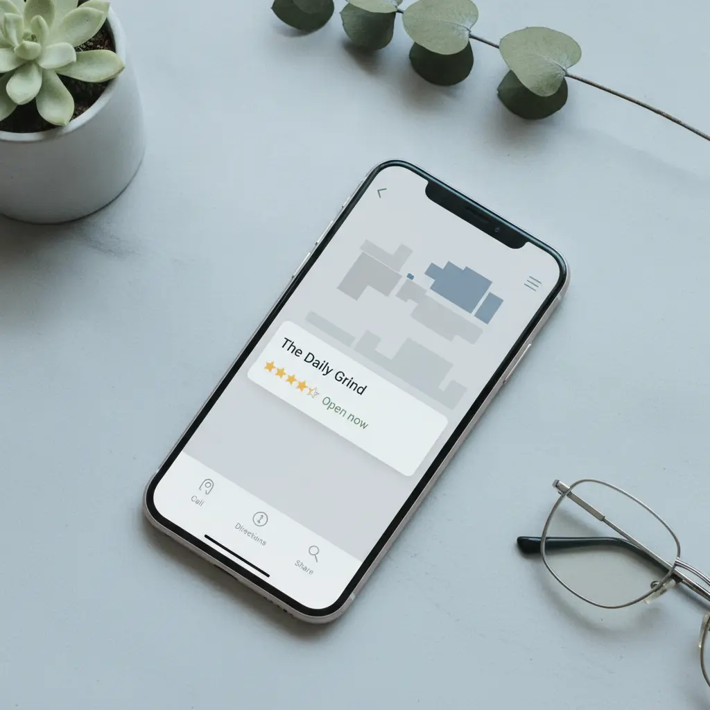 A smartphone showing a local business profile in a clean search result, the kind of card that increasingly populates AI-powered local answers