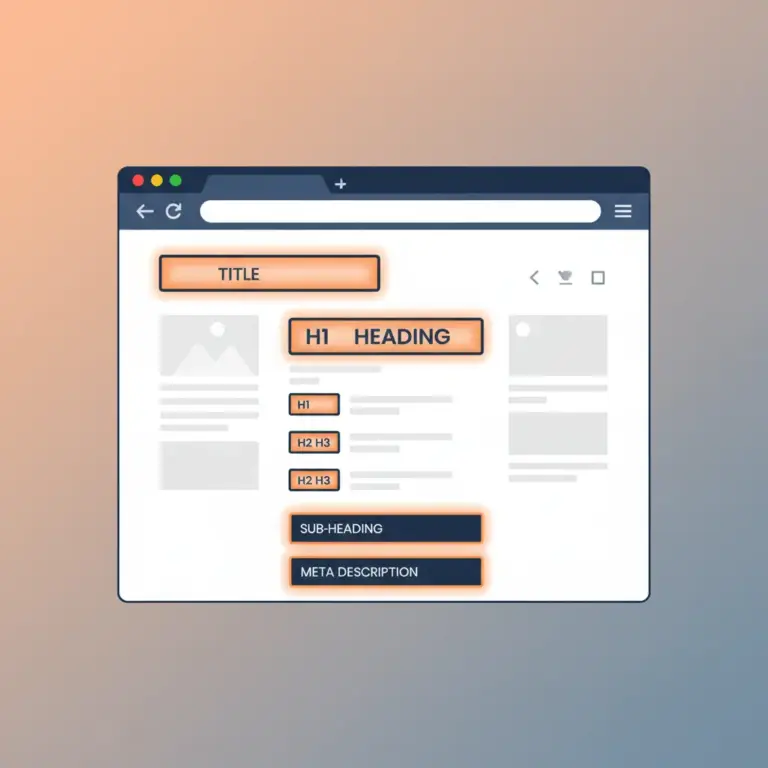 Browser window showing highlighted on-page SEO elements like title tags and heading structure