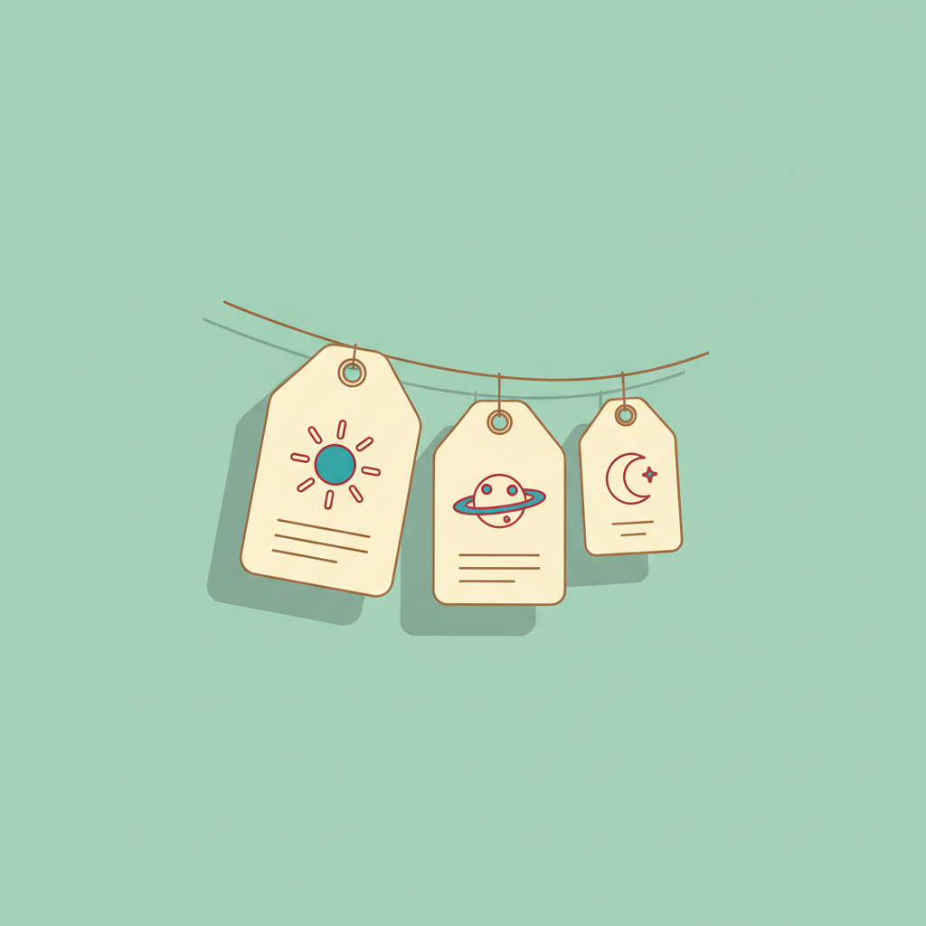 Flat illustration of three cream price tags in descending sizes hanging from a thin brown string on a soft mint background, marked with a small sun, a planet, and a crescent moon.