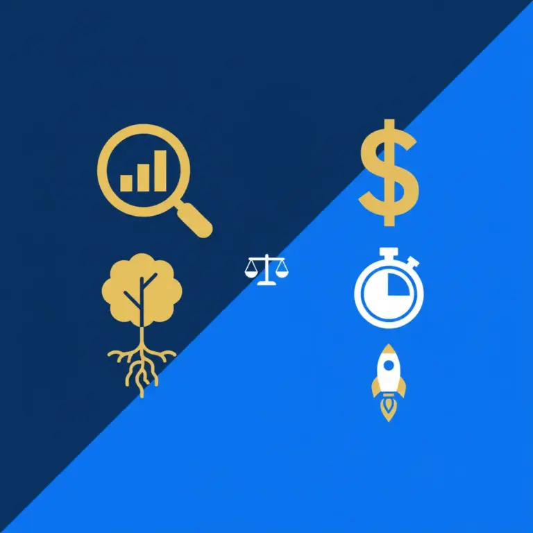 Flat split illustration comparing SEO (navy side with magnifying glass, growth chart, and tree) and Google Ads (blue side with dollar sign, stopwatch, and rocket) with a scales icon on the dividing line.