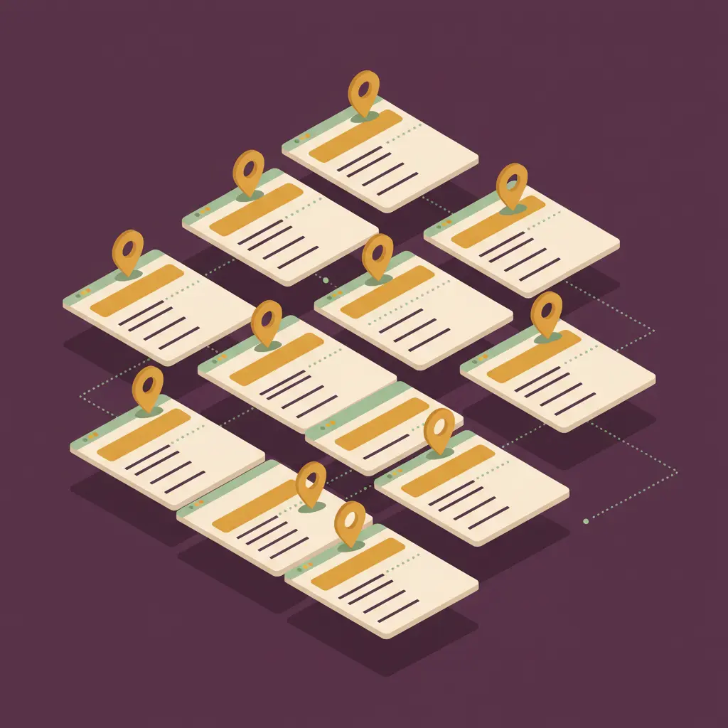 Isometric illustration of a grid of small landing-page cards, each marked with a location pin, connected by dotted paths to suggest a system of service-area pages