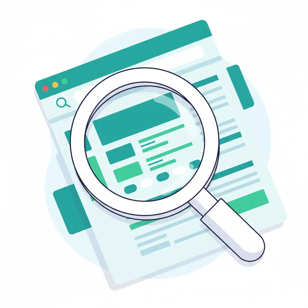 Magnifying glass over search engine results page illustrating SEO concepts