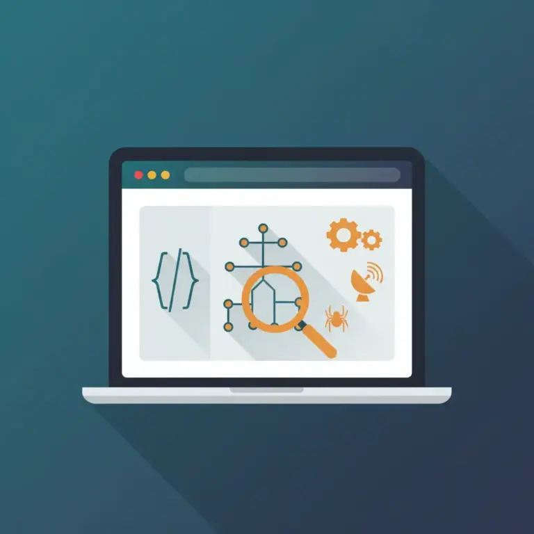 Flat illustration of a laptop showing technical SEO elements: sitemap tree, code brackets, gears, magnifying glass, and a search crawler icon on a teal background.