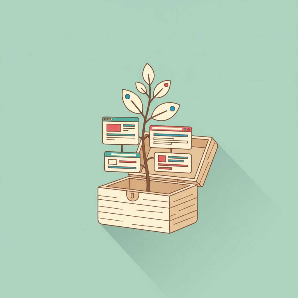 Flat illustration of an open wooden toolbox with a small green sapling growing up out of it, a hammer and wrench resting inside, on a plain warm background